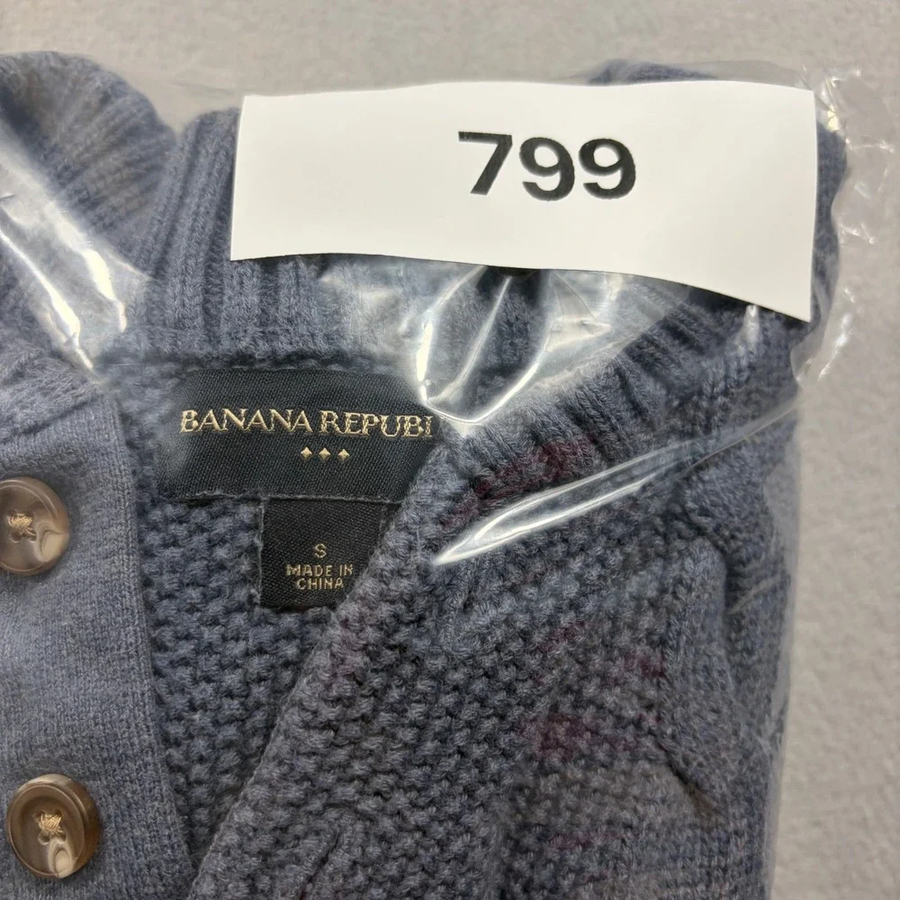 Banana Republic Mens Small Blue Sweater Henley Cable Knit Cotton Mock Neck